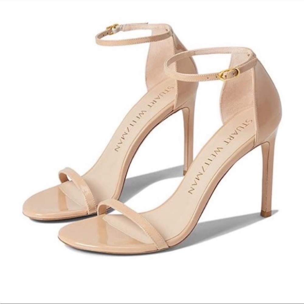 Stuart Weitzman Nude Adobe Nudistsong Patent Leather Heeled Sandals
